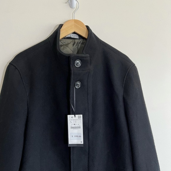 NWT Zara Men Combined Inverted Lapel Collar Black Pea Coat - Picture 2 of 10